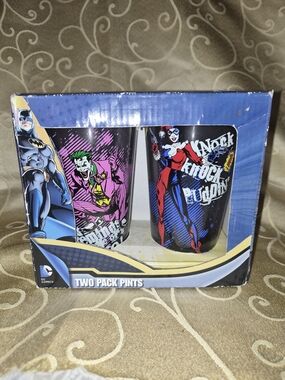 DC Comics Harley Quinn & Joker Two-Pack Pint Glasses - Black, Pink, Blue